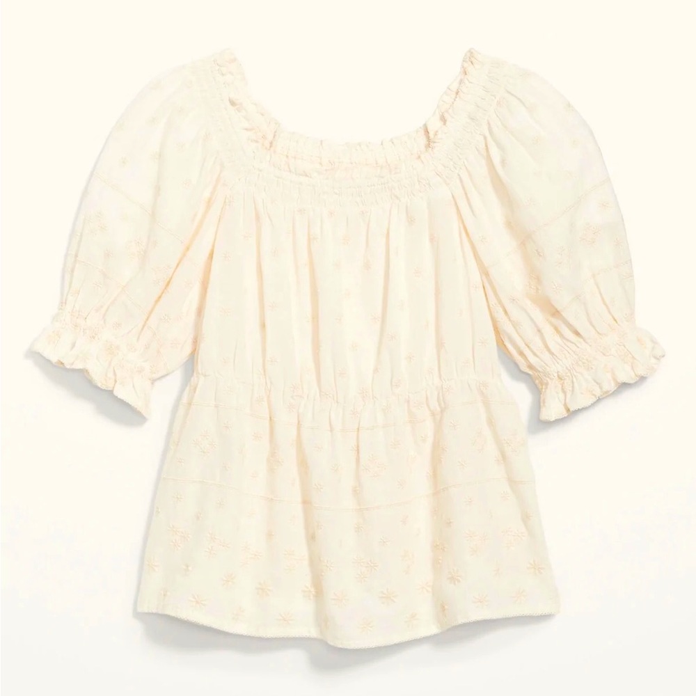NWT Puff-Sleeve Smocked Embroidered Babydoll Blouse